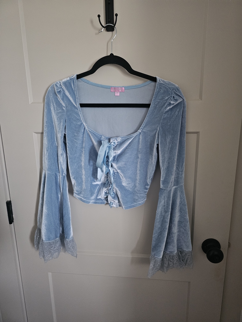 Sugar Thrillz Light Blue Velvet Lace-Up Bell Sleeve Crop Top